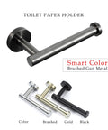 Six Piece Brushed Gun Metal Bathroom Hardware Set With 18 Inch Towel Bar Toilet Paper Holder Four Robe Hooks And SUS 304 Stainless Steel Wall Mounted Design For A Slick Durable Modern Upgrade toilet paper holder in brushed gun metal finish with color variations.