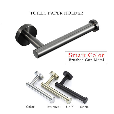 Six Piece Brushed Gun Metal Bathroom Hardware Set With 18 Inch Towel Bar Toilet Paper Holder Four Robe Hooks And SUS 304 Stainless Steel Wall Mounted Design For A Slick Durable Modern Upgrade toilet paper holder in brushed gun metal finish with color variations.