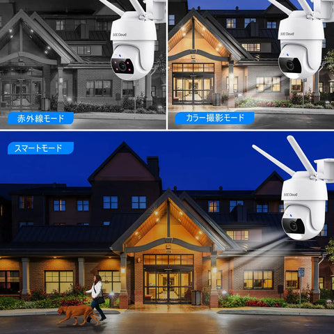 5MP PTZ WiFi Outdoor Security Camera with Spotlight showing color night vision in various modes above building