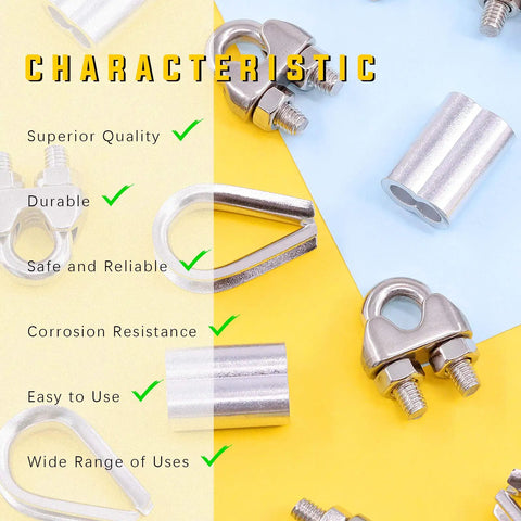 Characteristics of Heavy Duty M10 Wire Rope Accessory Kit With Clip Clamp Thimble And Aluminum Crimp Loop Sleeves 24 Piece Set