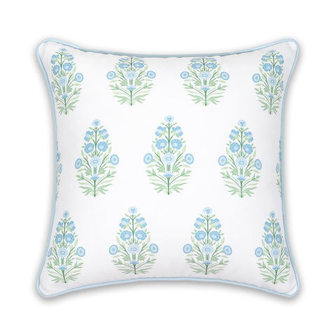 Coastal Throw Pillow Cover 18x18 Inches Water Repellent Indoor Outdoor Cushion Cover In Baby Blue Green Floral With Piping