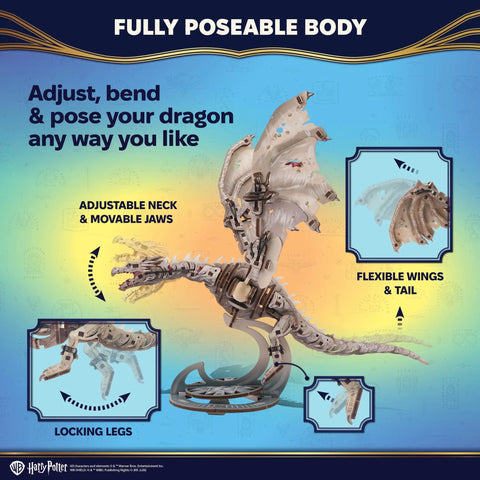 Ukrainian Ironbelly Dragon 3D Wooden Puzzle For Adults, mechanical model on stand with flexible wings and locking legs