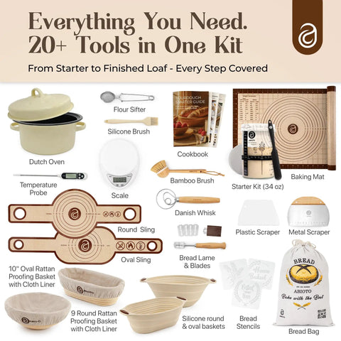 Starter Kit With Dutch Oven And Scale For Bread, Complete Set With Proofing Baskets, 34oz Jar, Slings, Premium Tools, Beige Color