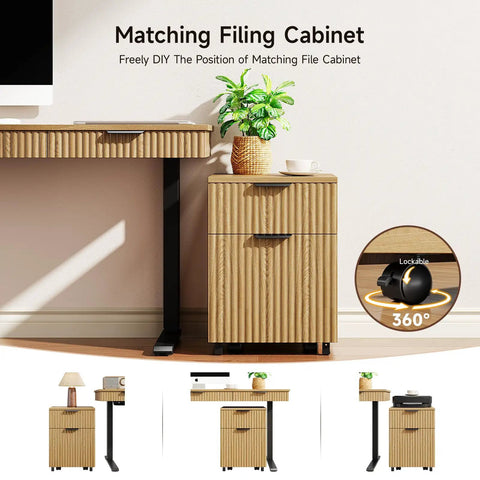 Smooth Operator Electric Standing Desk With Slim File Cabinet 63 Inch Height Adjustable Sit Stand Work Table Whisper Quiet Motor Natural Oak Desktop For Daily Grind Productivity Boost Setup with matching file cabinet and plant.