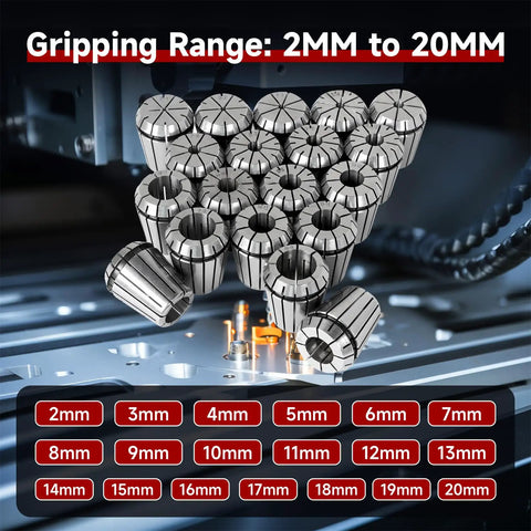 ER32 Collet Set 19Pcs For CNC Engraving And Milling Lathe Tools 2mm To 20mm Range displayed on machining equipment