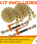Beefy Heavy Duty Chain And Load Binder Kit With Two Grade 70 Three Eighths Inch Ten Foot Chains And Two Folding Handle Load Binders