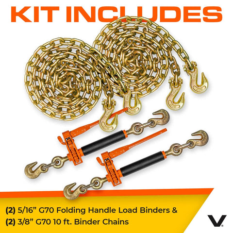 Beefy Heavy Duty Chain And Load Binder Kit With Two Grade 70 Three Eighths Inch Ten Foot Chains And Two Folding Handle Load Binders