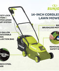Walk-Behind Cordless Push Lawn Mower With 14 Inch Cutting Width Brushless Motor Rechargeable 4Ah Battery And Charger Green 24V For Small To Medium Lawns, 14-inch steel blade