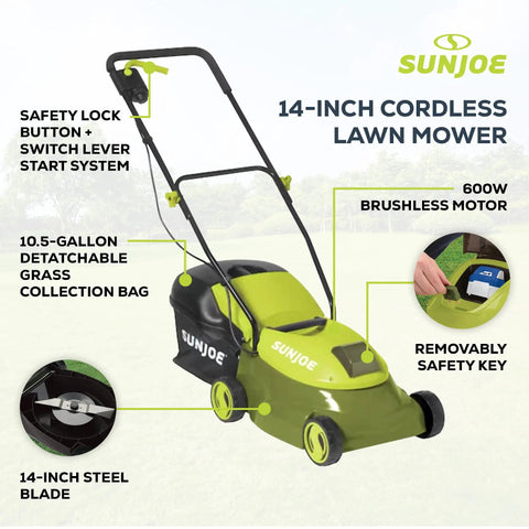 Walk-Behind Cordless Push Lawn Mower With 14 Inch Cutting Width Brushless Motor Rechargeable 4Ah Battery And Charger Green 24V For Small To Medium Lawns, 14-inch steel blade