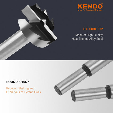 KENDO 16-piece Forstner bit set with carbide-tipped alloy-steel bits and round shanks.