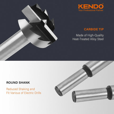 Close-up of Eight Piece Forstner Bit Set Made From Alloy Steel for Woodworking with Round Shank, carbide tip and heat-treated steel.