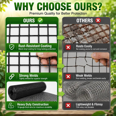 Comparison of Tough As Nails Black Vinyl Coated Hardware Cloth One Quarter Inch Mesh Wire Fencing Roll features with rusty alternatives.
