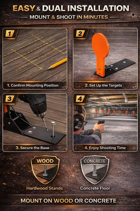 Installation steps for AR500 Steel Shooting Target 12 Inch Auto Reset Popper For Outdoor Range Training on wood and concrete surfaces.