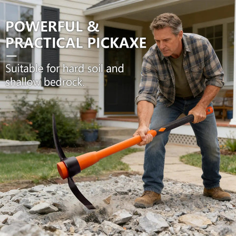 Man using Heavy Duty Pickaxe For Digging With Shock Absorbing Handle 36 Inches Durable Manganese Steel Head For Hard Ground Rocks And Roots Built For Tough Jobs And Long Lasting Performance A Real Workhorse On Any Job Site in rocky yard.