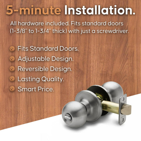 Privacy Interior Door Knob Set With Turn Button Lock No Keys Needed Heavy Duty Satin Stainless shown with installation details