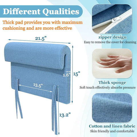 Thickened Two Pack Bed Rail Pads For Hospital Beds showing dimensions, blue linen-cotton cover, foam bumpers detail