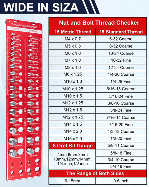 Thread Checker Kit For Bolts And Nuts With 42 Size Gauge, 19 Standard And 15 Metric Thread Gauges, Identibolt Drill Bit Gauge.