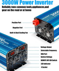3000 Watt Pure Sine Wave Inverter Heavy Duty From 12V DC To 110V And 120V AC With LCD Display, 6000W Peak, outlets, USB