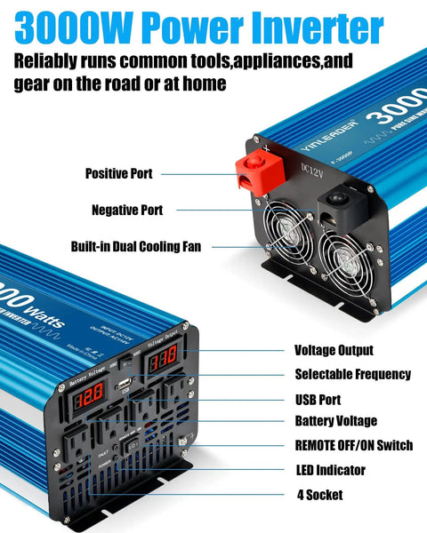 3000 Watt Pure Sine Wave Inverter Heavy Duty From 12V DC To 110V And 120V AC With LCD Display, 6000W Peak, outlets, USB