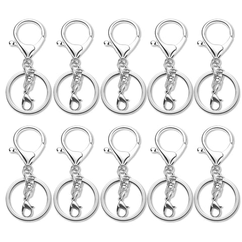 Top Shelf Zinc Alloy Lobster Clasps And Keyrings 10 Pack displays silver keychain clips and split rings, each 2.64x0.87 inches.
