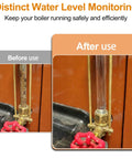 Before and after of 8 Inch Steam Boiler Sight Glass Tube With Clear Water Level Gauge Five Eighths Inch Outer Diameter And Three Eighths Inch Inner Diameter Includes Two High Temp Rubber Washers For A No Nonsense Leak-Proof Brass Fittings And Reliable Level Reading