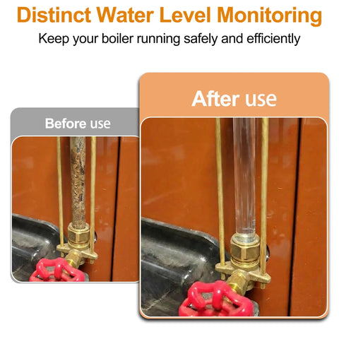 Before and after of 8 Inch Steam Boiler Sight Glass Tube With Clear Water Level Gauge Five Eighths Inch Outer Diameter And Three Eighths Inch Inner Diameter Includes Two High Temp Rubber Washers For A No Nonsense Leak-Proof Brass Fittings And Reliable Level Reading