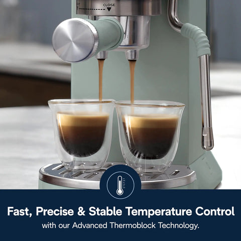 Compact Espresso Machine And Cold Brew Coffee Maker With Adjustable Milk Frother Wand For Smooth Hot Iced Lattes And Bold Cappuccinos brewing espresso into double glass cups.