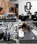 Collage showing machine maintenance, DIY design with robotics, mechanical equipment, and precision parts machining.