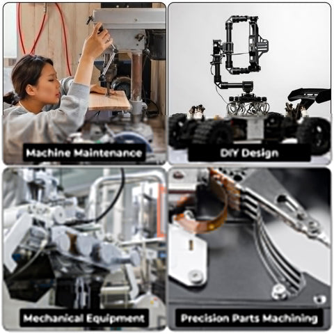 Collage showing machine maintenance, DIY design with robotics, mechanical equipment, and precision parts machining.
