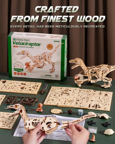 3D Velociraptor Wooden Puzzle Kit For Adults And Teens With 106 Pieces Realistic Gear Transmission System For Dynamic Two Legged Dino Build Epic Gift For Puzzle Lovers And Dinosaur Fans, wooden parts