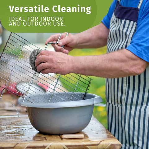 Heavy Duty Stainless Steel Scouring Pads 12 Pack Bulk Cleaning Scrubbers Handles Commercial Kitchens tackling grill racks in a bowl.
