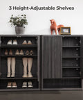 High Capacity Fluted Wooden Shoe Cabinet With Six Tier Hidden Footwear Storage For Entryway featuring three height-adjustable shelves.