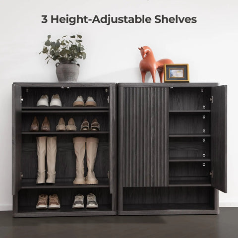 High Capacity Fluted Wooden Shoe Cabinet With Six Tier Hidden Footwear Storage For Entryway featuring three height-adjustable shelves.