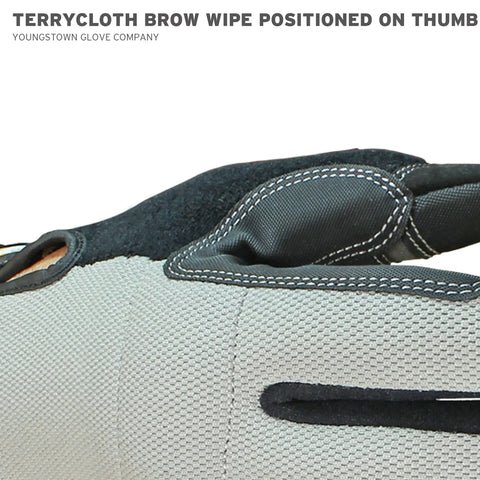 Close-up of gray Kevlar cut resistant work gloves with brow wipe on thumb, designed for men, large size, DuPont lined for protection.