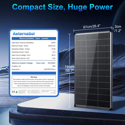 400 Watt Solar Panel Kit With Two 200W Bifacial Monocrystalline Panels 18V 18BB N Type Cells IP68 Rating shown with dimensions