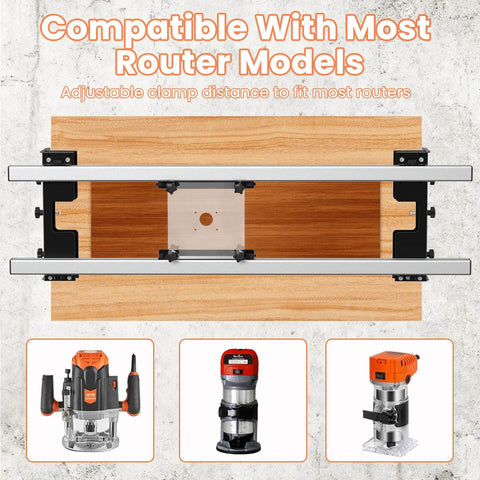 47.2 Inch Router Sled For Flattening Slabs, 3 Axis Adjustable, shown with compatible router models on wooden surface