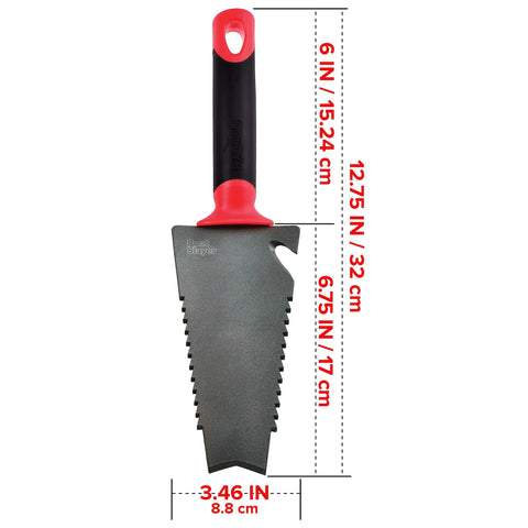 Heavy Duty Garden Trowel With Serrated Blade For Digging And Root Cutting Carbon Steel Hand Tool featuring measurements