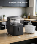 No Sweat Countertop Nugget Ice Maker With Easy Grip Handle Produces Up To 38 Pounds Of Chewable Ice Daily on kitchen counter with ice basket.
