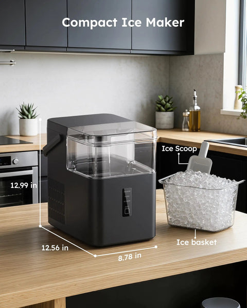 No Sweat Countertop Nugget Ice Maker With Easy Grip Handle Produces Up To 38 Pounds Of Chewable Ice Daily on kitchen counter with ice basket.