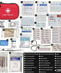 Front view of red Prelady 138-piece mini first aid kit in a compact travel case.