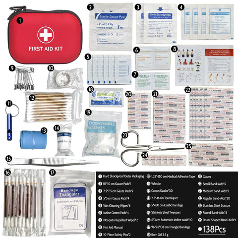 Front view of red Prelady 138-piece mini first aid kit in a compact travel case.