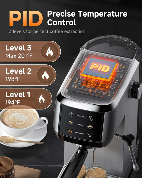 20 Bar Espresso Machine With Milk Frother For Rich Crema At Home, Lightning Fast 30 Second Preheat, 1350W High Pressure Coffee Maker For Cappuccino Latte Mocha, Compact Stainless Steel With 44 Oz Water Tank, Your Perfect Home Barista, front view showing temperature control settings.