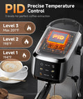 Close-up of Quick Fix 20 Bar Espresso Machine With Rapid Milk Frother And Hit The Spot Temp Dials showing PID temperature settings.