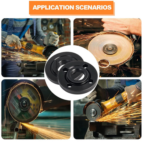 Heavy Duty 3 Piece Angle Grinder Nut And Wrench Set 5/8-11 Thread Replacement with steel flanges in use for cutting and grinding.