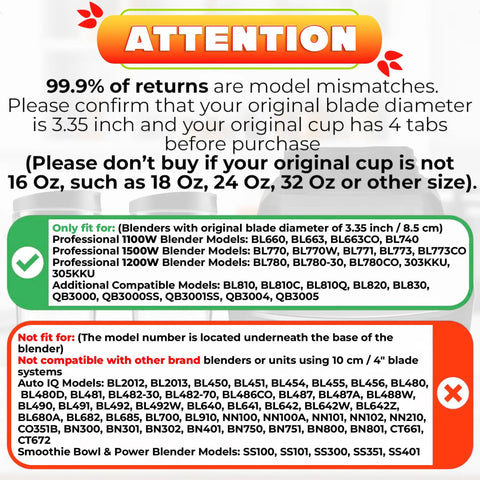 Attention notice about 16 Oz Replacement Blender Cups With Lids Pack Of 2 For Protein Shakes Compatible With Bl770 Bl780 Bl660 Bl740