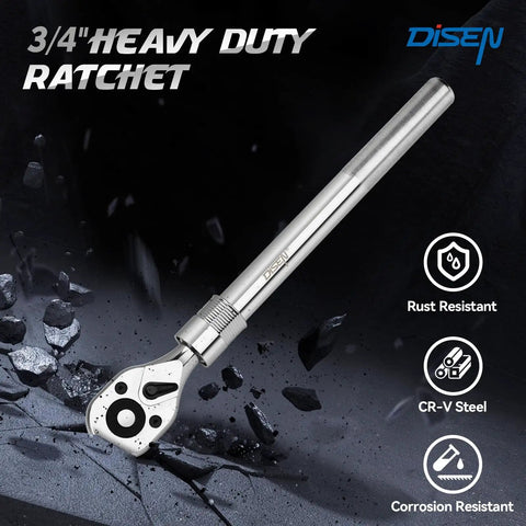 Three Quarter Inch Extendable Drive Ratchet With Twenty Four Tooth Gear And Fifteen Degree Sweep Quick Release Reversible Ratcheting With Reinforced Steel Heavy Duty Build showing in detailed view