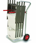 Heavy Duty Raymond Style Folding Chair Dolly With Tough 8 Inch Skid Resistant Rubber Wheels transporting stacked chairs