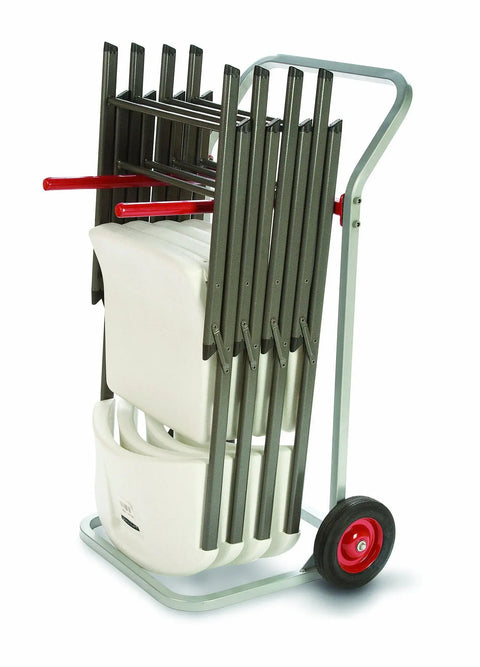 Heavy Duty Raymond Style Folding Chair Dolly With Tough 8 Inch Skid Resistant Rubber Wheels transporting stacked chairs