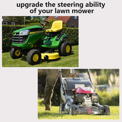 Riding lawn mower and push lawn mower on grass, showcasing Thrust Needle Roller Bearing And Washer Set For Lawn Mower And Tractor Steering Spindles AXK2035 Plus 2AS Small Bearings 2 Pack High Precision Low Friction Heavy Duty Axial Load Handling application.
