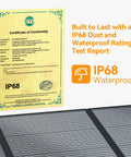 Certificate showing IP68 waterproof rating for 400W Foldable Portable Solar Panel For Power Stations And RVs IP68 Waterproof ETFE With MC4 Output For Camping Off Grid Emergency Backup And Hurricane Prep Solar Generator.